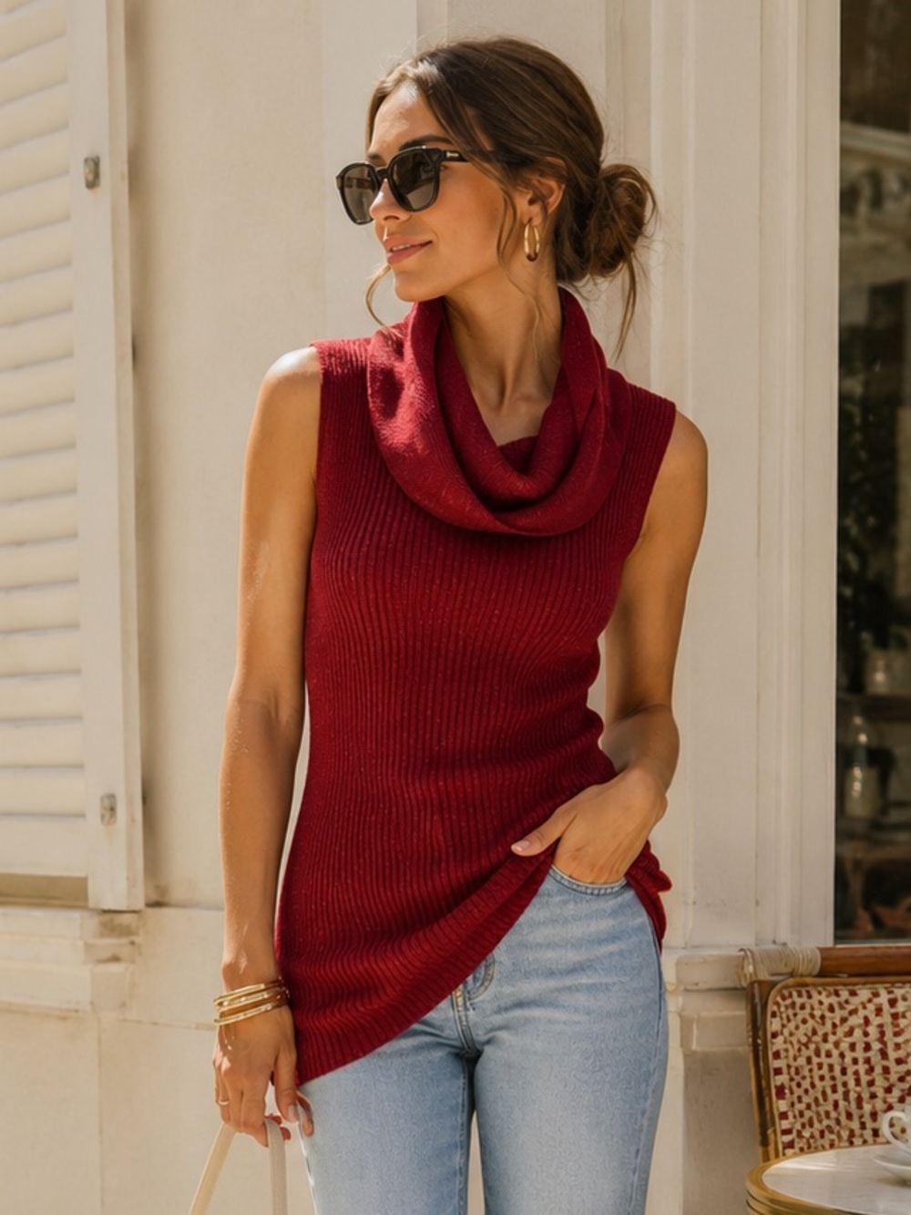 Ribbed Red Cowl Neck Tunic Sweater Women’s Medium Parisian Chic Minimalist
